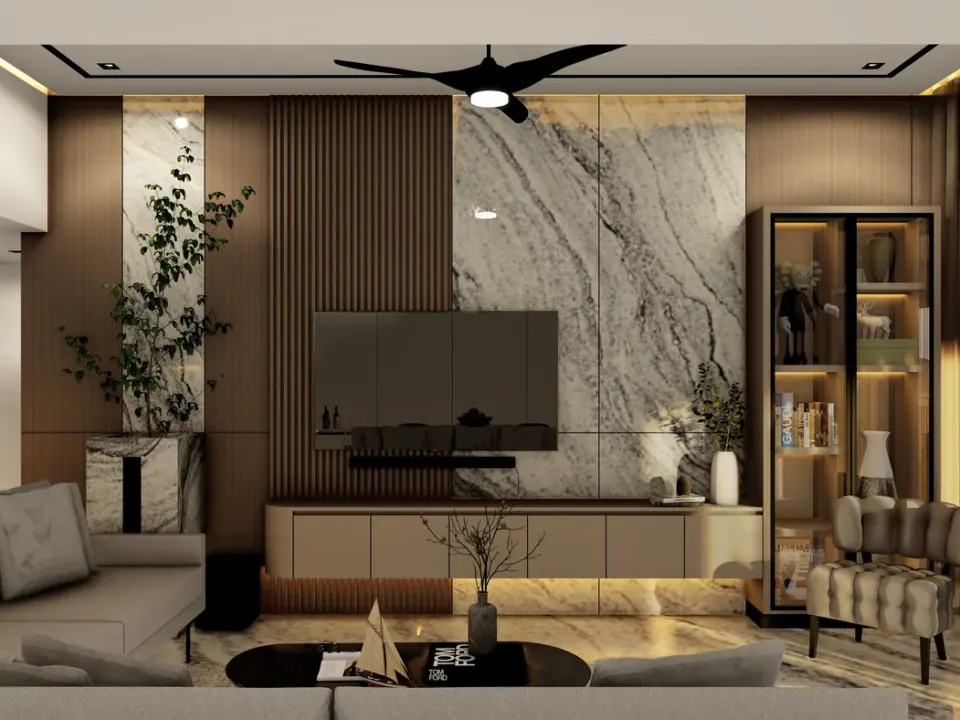 Sala del Departamento GV con muro de piedra veteada y lamas de madera, vitrina iluminada y ventilador de techo negro