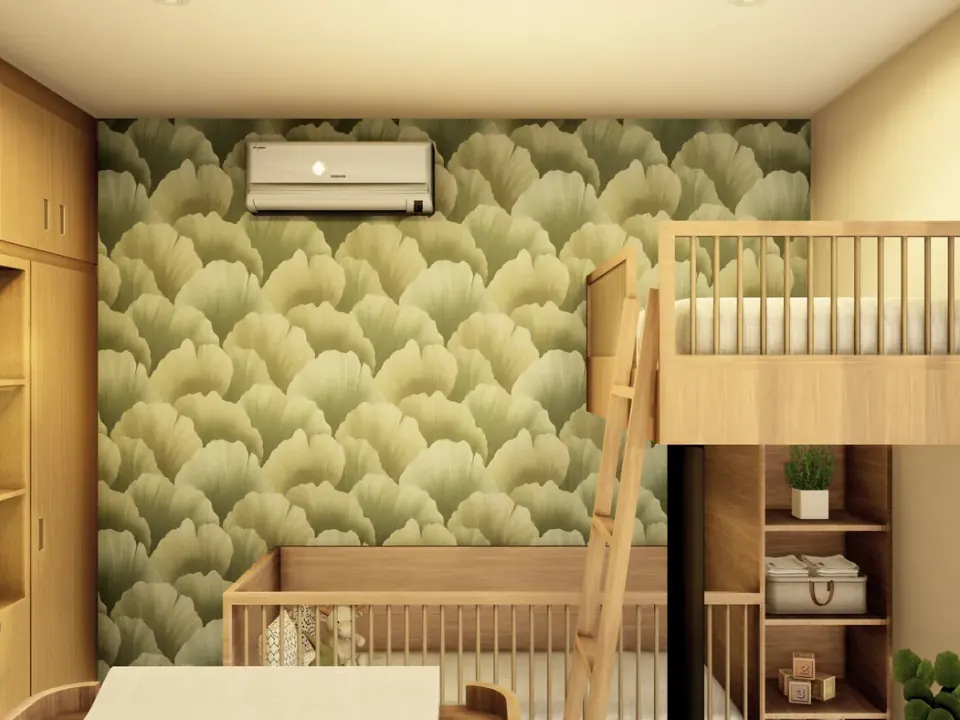 Muro de papel tapiz verde con minisplit, closet de madera clara con repisas abiertas, cuna y cama elevada