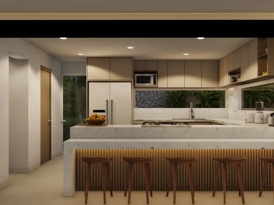 Cocina con península de piedra clara veteada, frente de listones con luz, bancos de madera y ventana horizontal