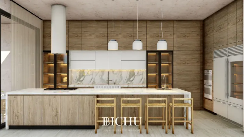 Pared de gabinetes de madera con vitrinas iluminadas, campana redonda y cuatro bancos en la isla de la cocina