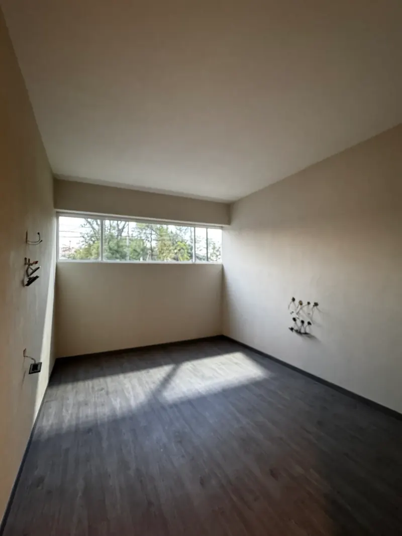 Ventana horizontal hacia el arbolado y luz solar sobre el piso de un cuarto vacío con cableado en los muros