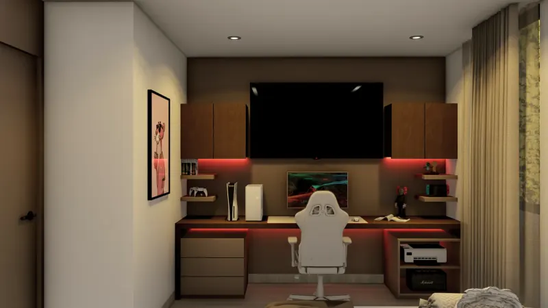 Cuarto con escritorio corrido de madera, televisión en el muro, gabinetes altos, silla blanca y luz LED roja