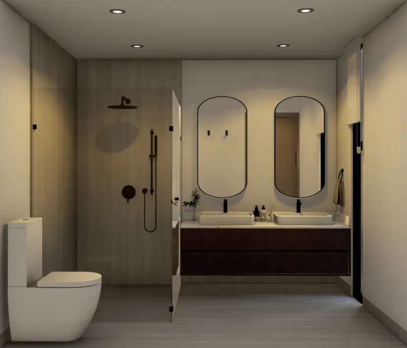 Baño con regadera revestida en tono madera, mueble flotante con dos lavabos y espejos ovalados de marco negro