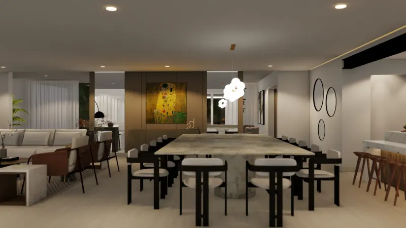 Comedor con mesa larga de cubierta tipo piedra, sillas negras de asiento claro y cuadro dorado sobre panel café
