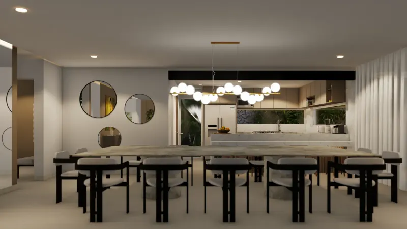 Comedor visto hacia la cocina, con lámpara de esferas blancas sobre barra dorada, espejos redondos y cortinas largas