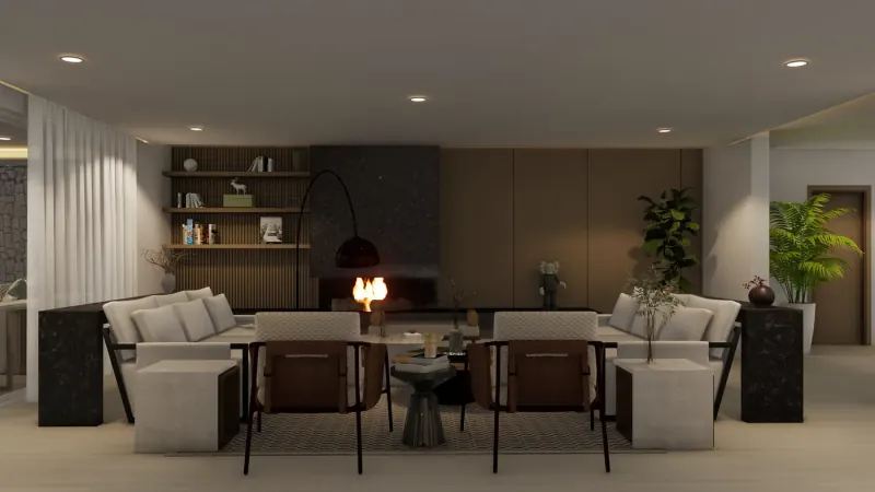 Sala con dos sofás enfrentados, dos sillones, chimenea de piedra oscura y librero de listones con repisas abiertas