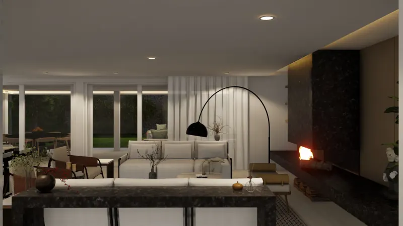Sala con chimenea encendida, lámpara de arco negra y puertas de vidrio al jardín, con comedor exterior al fondo