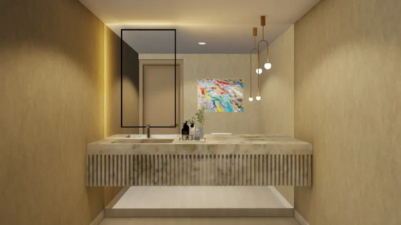 Baño con lavabo de frente acanalado, gran espejo de marco negro, lámparas colgantes doradas y un cuadro colorido
