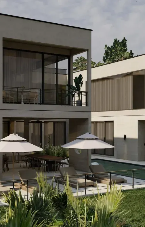 Visualización 3D de una casa de dos niveles con alberca, sombrillas y jardín