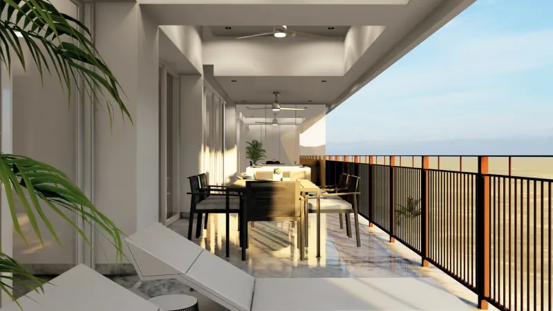 Terraza cubierta con barandal negro, comedor exterior, tumbona y palmas frente a un horizonte abierto, Zapopan