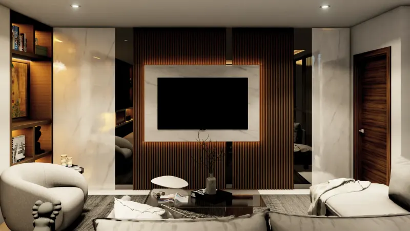 Sala con televisor sobre panel veteado tipo mármol y listones de madera con luz, sillón curvo y repisas iluminadas