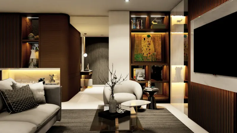 Sala con sofá, sillón curvo y mesa de centro de cristal frente a libreros iluminados y un televisor sobre listones