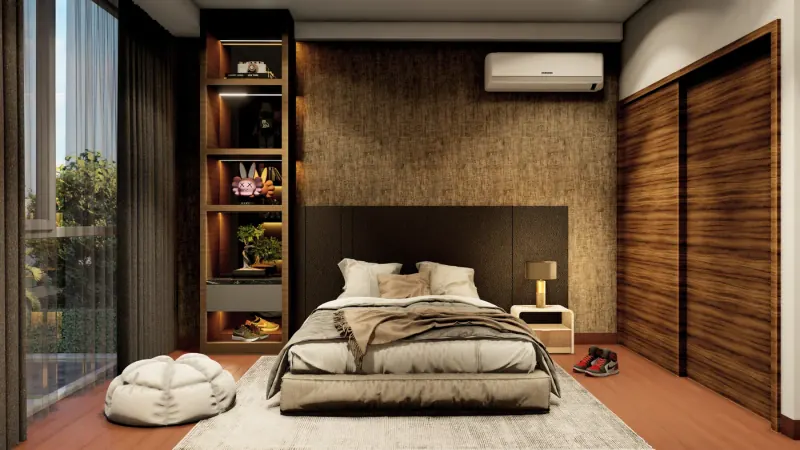 Recámara con muro texturizado, cabecera oscura, closet de puertas con veta de madera y librero con nichos iluminados
