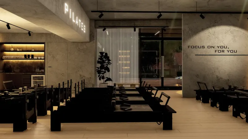 Cocineta con repisas retroiluminadas y frigobar, planta de hojas grandes y puerta de cristal hacia el exterior