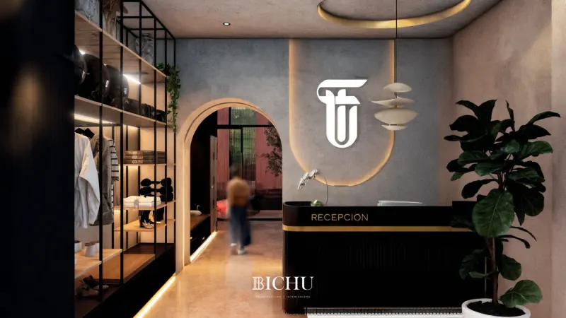 Recepción con mostrador negro acanalado y franja dorada, logotipo blanco sobre un arco luminoso y repisas con ropa