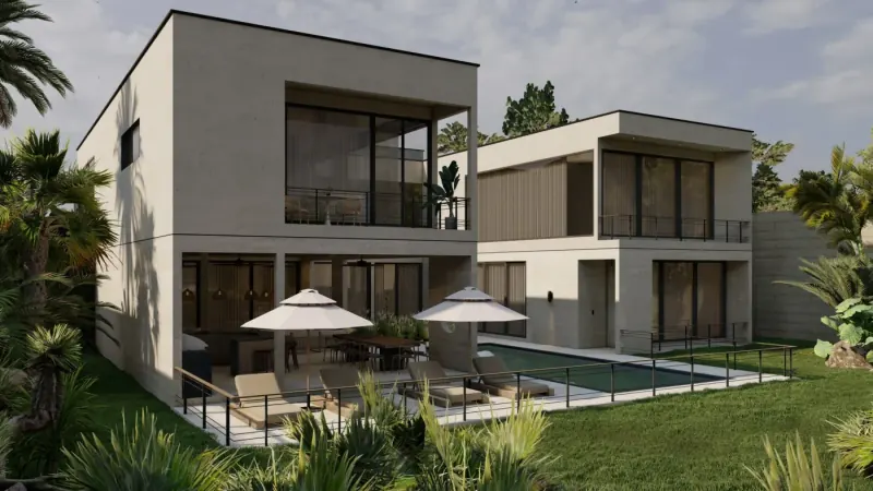 Visualización 3D de una casa de dos niveles con alberca, sombrillas y jardín
