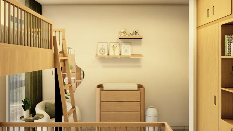 Cómoda con cambiador bajo repisas flotantes con láminas de animales, junto a la escalera de la cama elevada