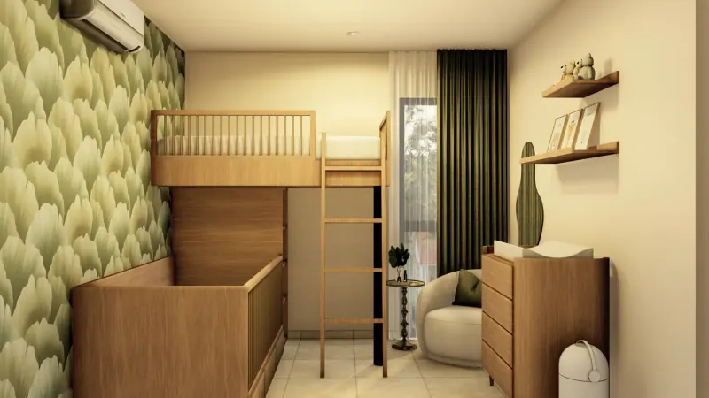 Vista hacia la ventana con cuna de madera en primer plano, cama elevada con escalera, sillón blanco y cómoda