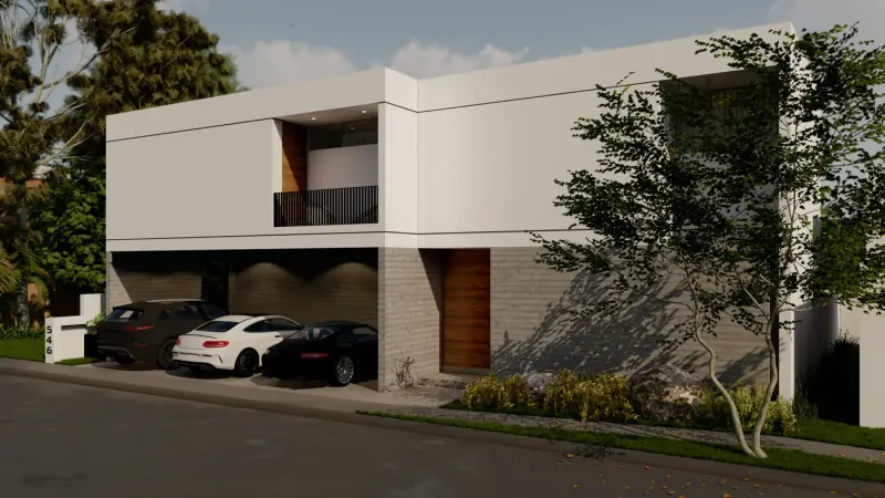 Fachada desde otro ángulo con puerta de madera, muro gris de textura horizontal, árbol y arbustos con rocas